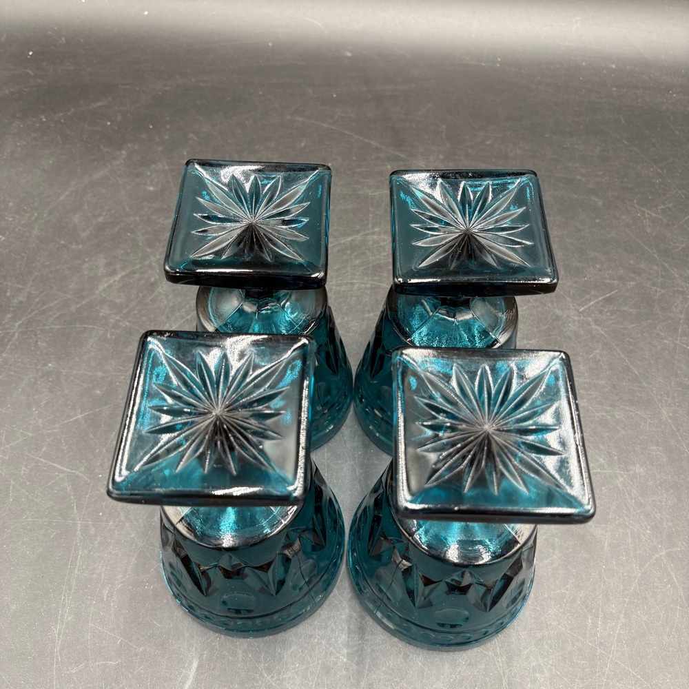 Vtg Indiana Park Lane Teal Blue Glassware 8pc Diamond Starburst Goblets Tumblers - Picture 3 of 13